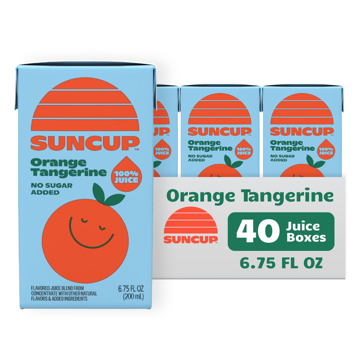 SunCup orange tangerine juice box with attached straw, ideal for school lunches.