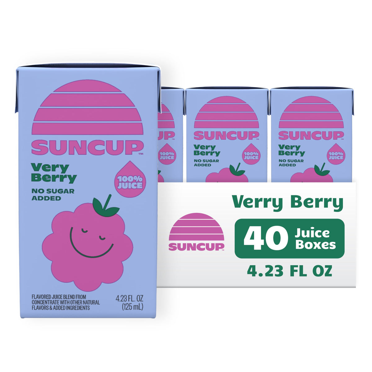 SunCup Very Berry juice box with straw, perfect for school lunches.