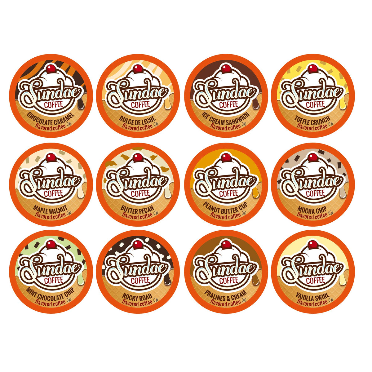 48-count Sundae Coffee variety pack arranged for tasting at home.