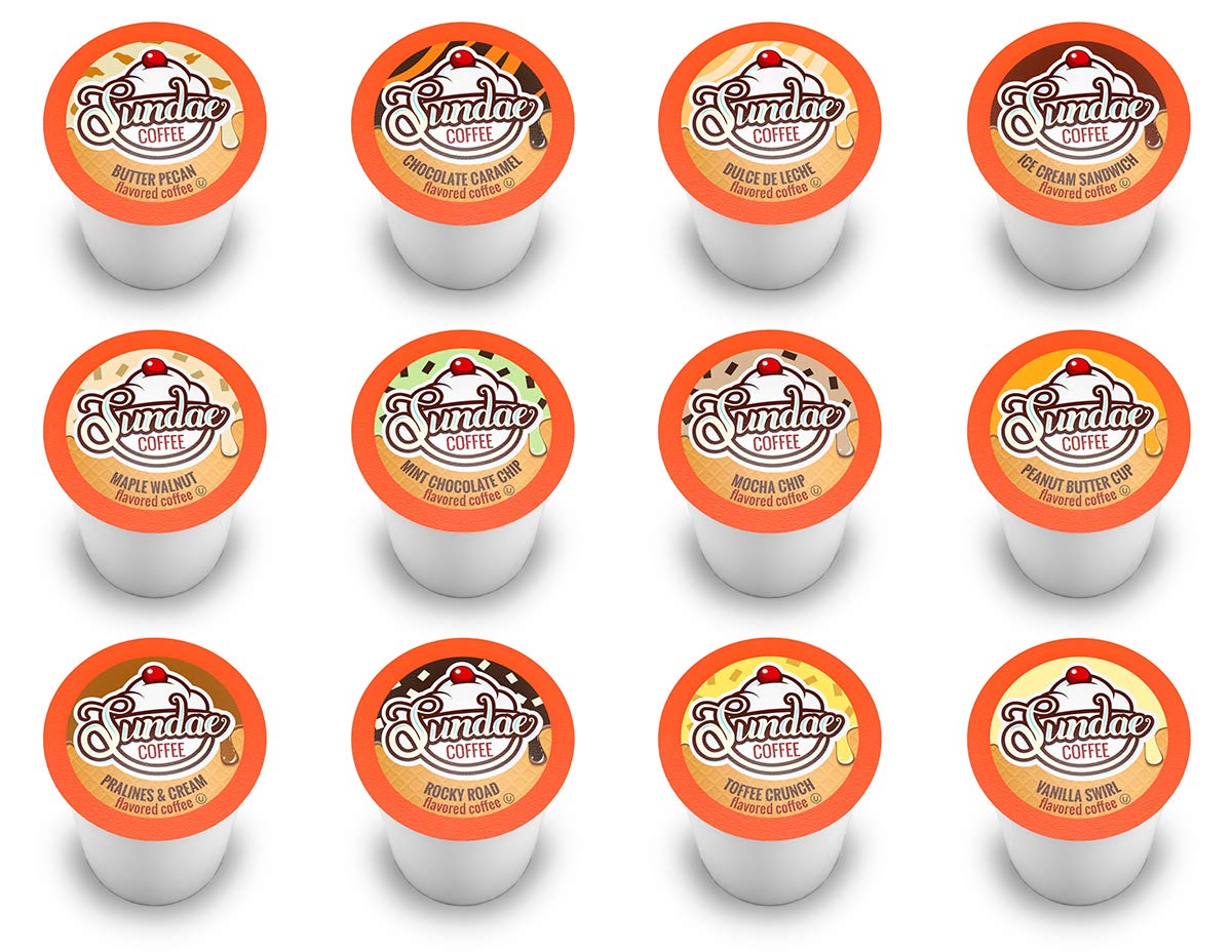 Sundae Coffee ice cream flavored pods closeup with premium Arabica beans.