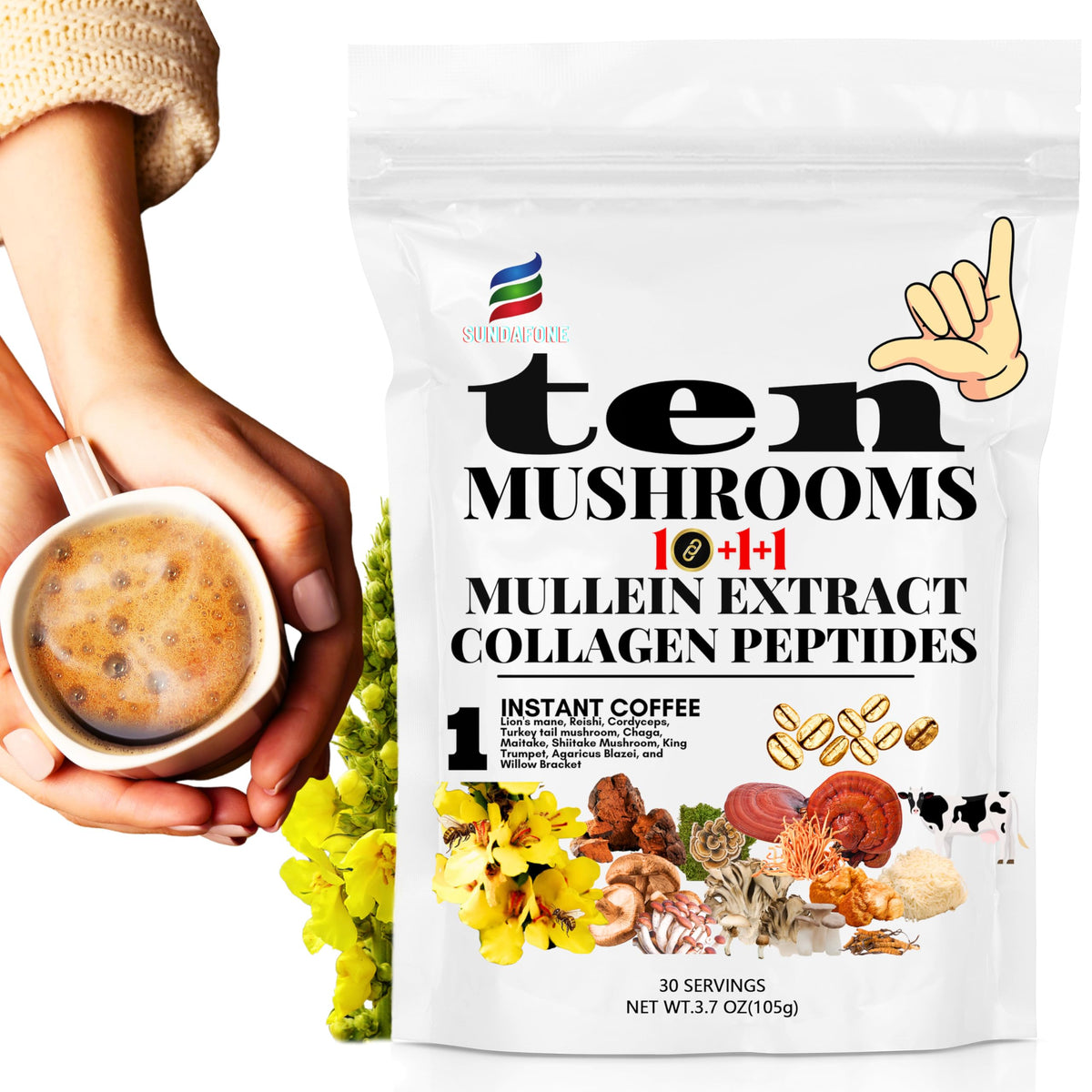 SUNDAFONE mushroom blend — organic beans and ten mushrooms, smooth finish
