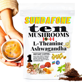 SUNDAFONE mushroom coffee front packaging highlighting 10 adaptogenic mushrooms