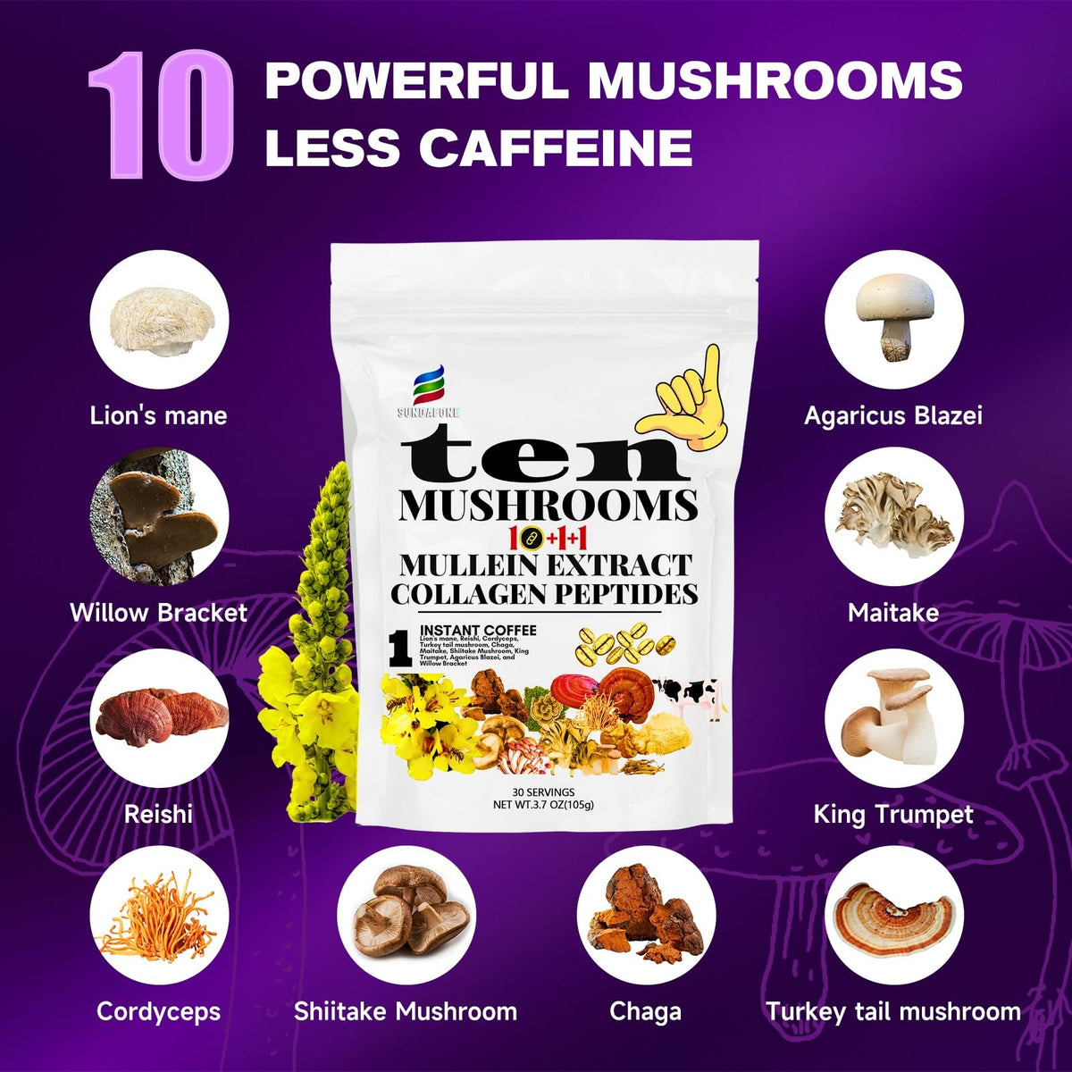SUNDAFONE mushroom coffee jar label — collagen-infused blend for everyday ritual