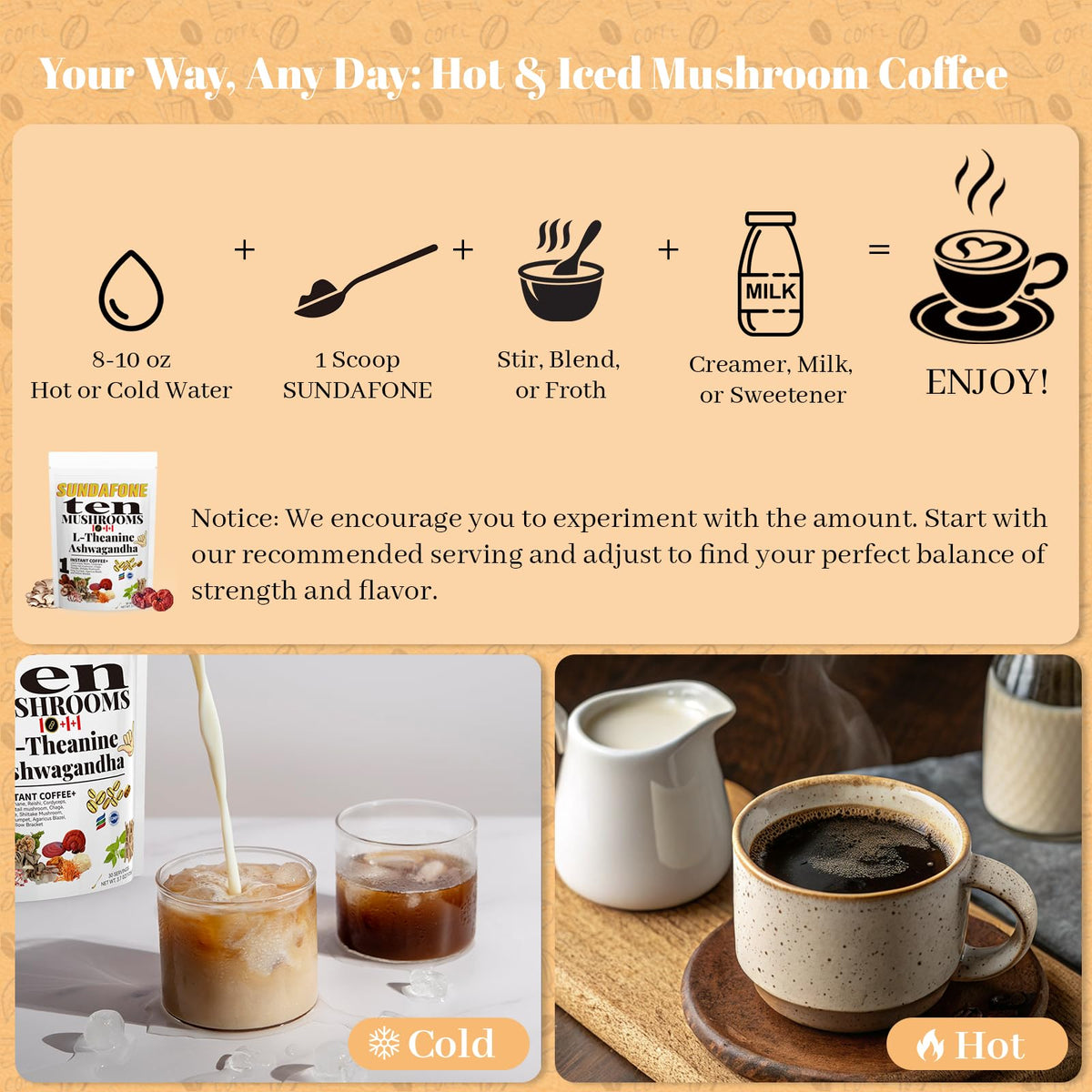 SUNDAFONE mushroom coffee being poured into a cup for a smooth ritual