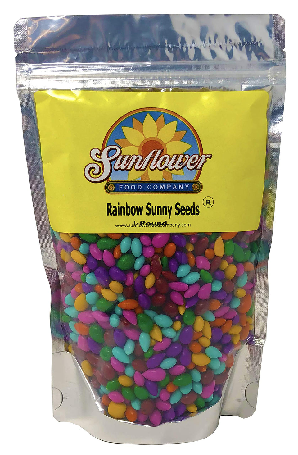 Sunflower Food Company Rainbow Sunny Seeds bag closeup showing colorful chocolate coating.