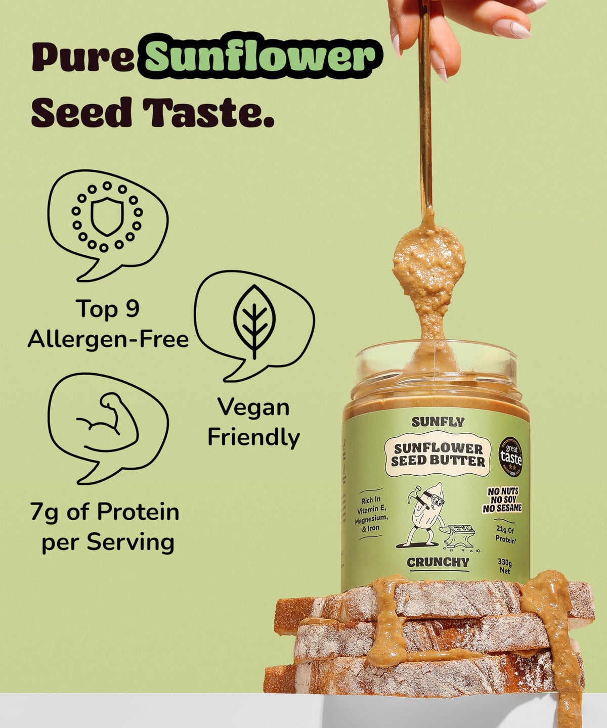 Sunfly Crunchy jar back nutrition detail showcases minerals and allergen information.