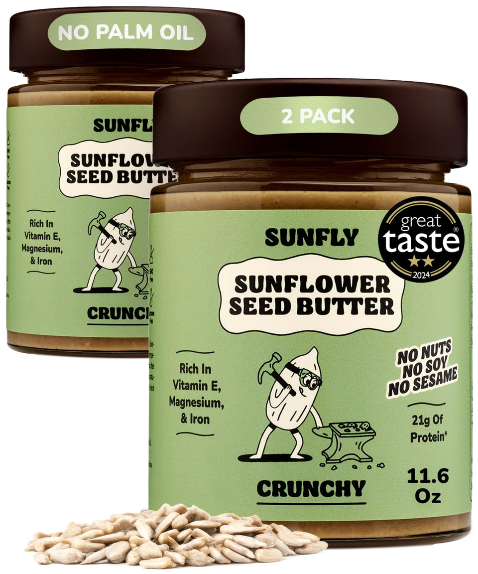 Sunfly Crunchy Sunflower Butter jar front highlights protein-rich, allergen-friendly spread.