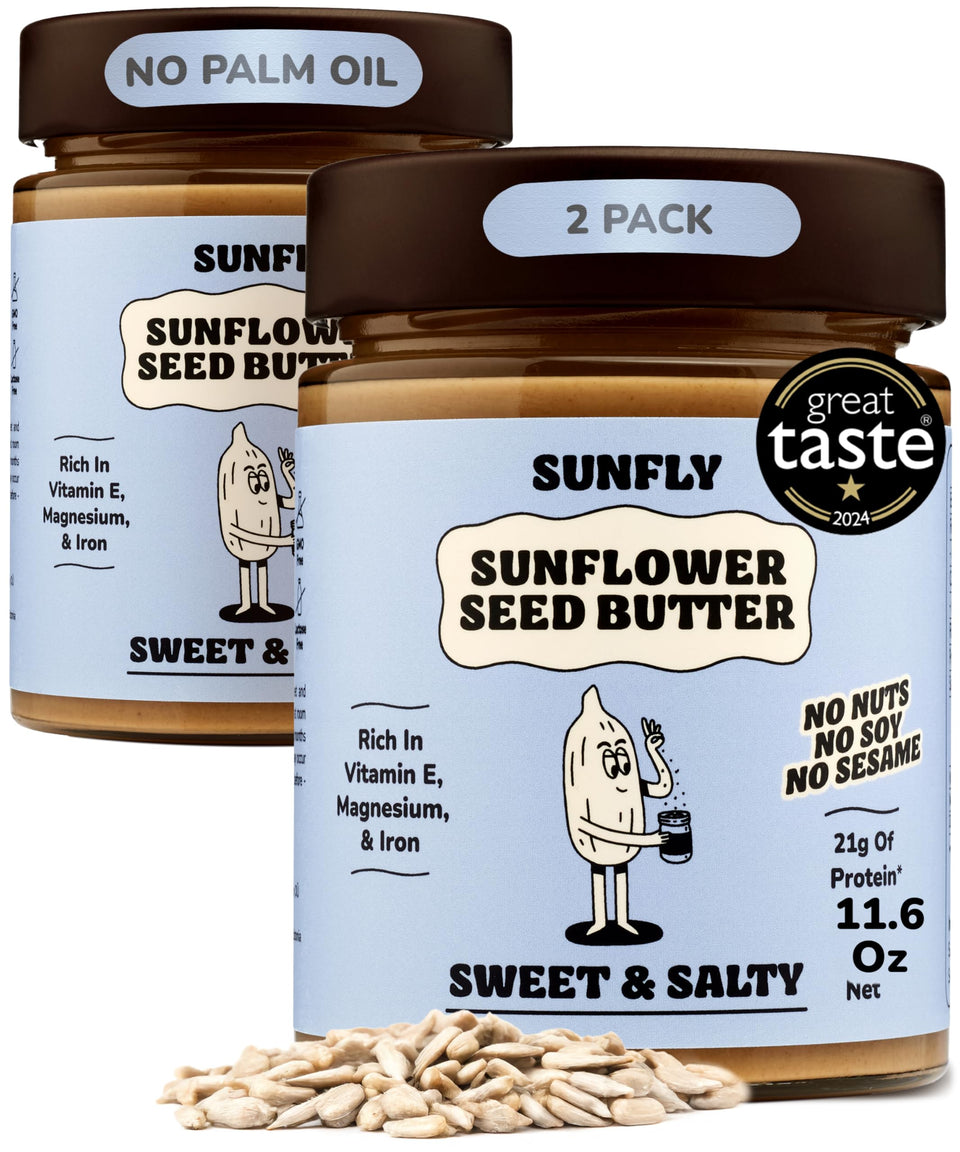 Sunfly Sunflower Butter jar highlights protein-rich, nut-free spread for snacks.