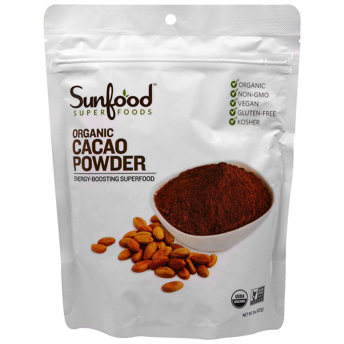 Sunfood Organic Cacao Powder bag, perfect for baking and smoothies with rich unsweetened flavor.