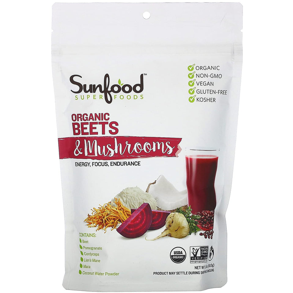 Sunfood Organic Beets & Mushrooms bottle pour demonstrates convenient daily energy and focus.