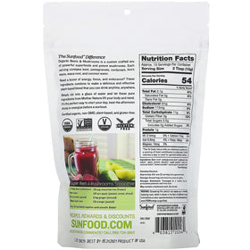 Sunfood Organic Beets & Mushrooms powder closeup highlights beetroot-mushroom blend for smoothies.
