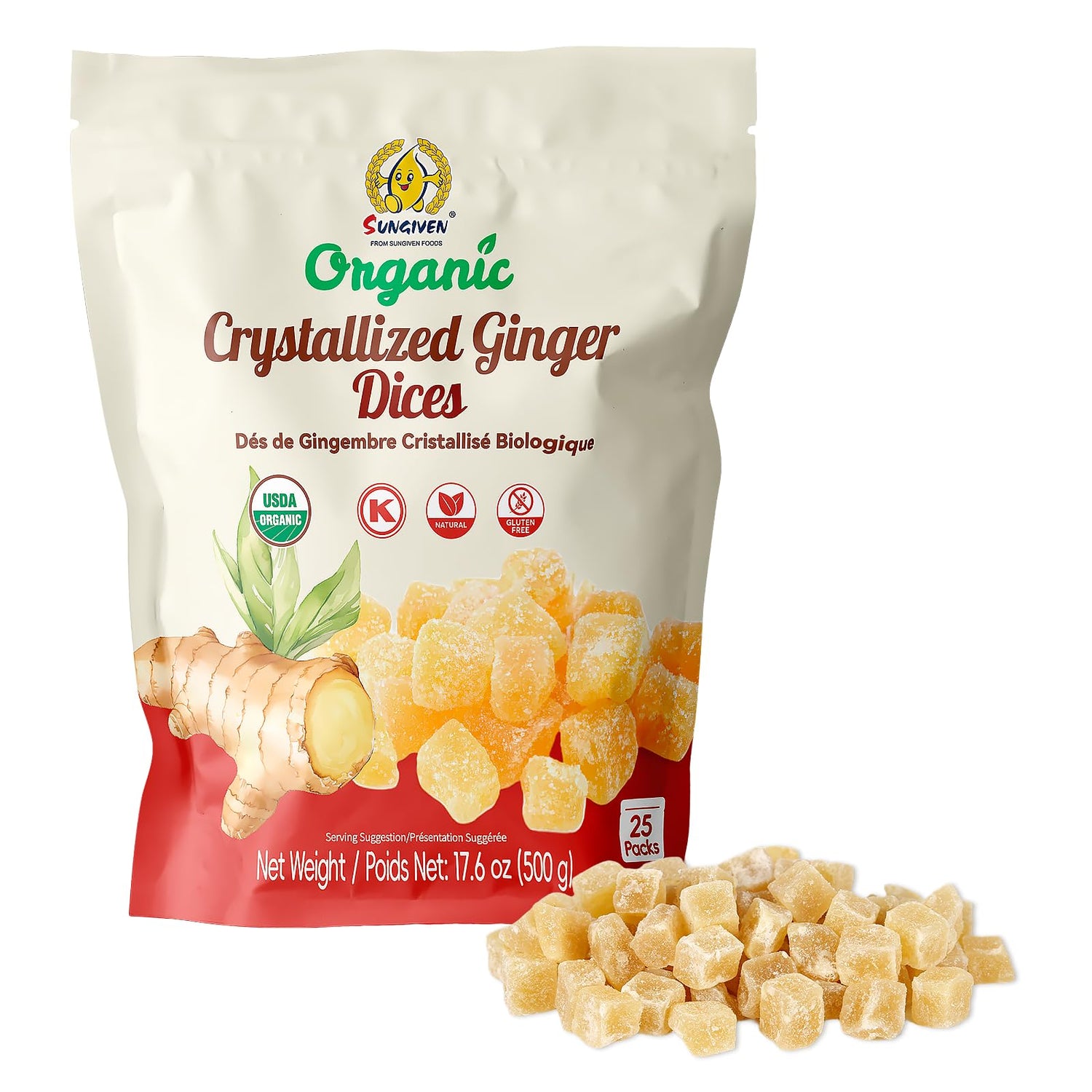 SUNGIVEN Organic crystallized ginger dices candy box with 25 packets for on-the-go snacking