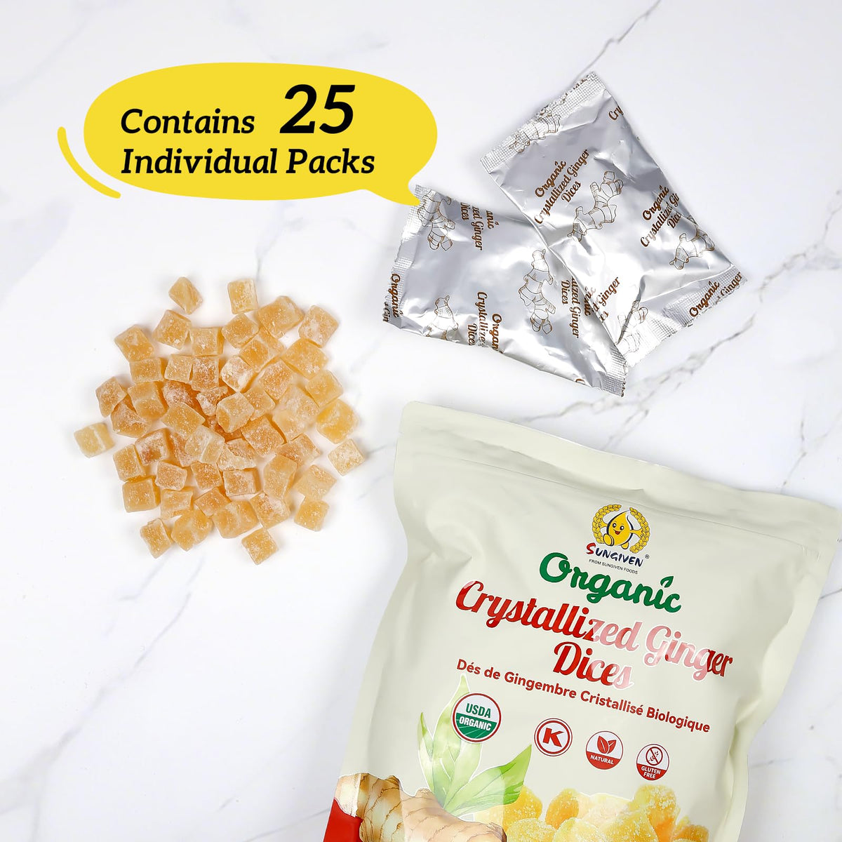 SUNGIVEN crystallized ginger dices candy bites ready to enjoy straight from wrapper