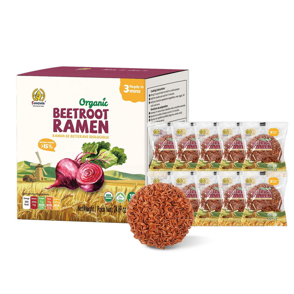 SUNGIVEN beetroot ramen packaging with clean ingredients