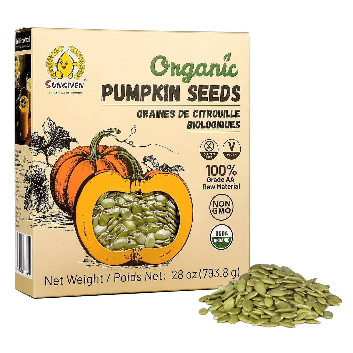 SUNGIVEN Organic Pumpkin Seeds 28oz bag add premium crunch to baking and snacking.