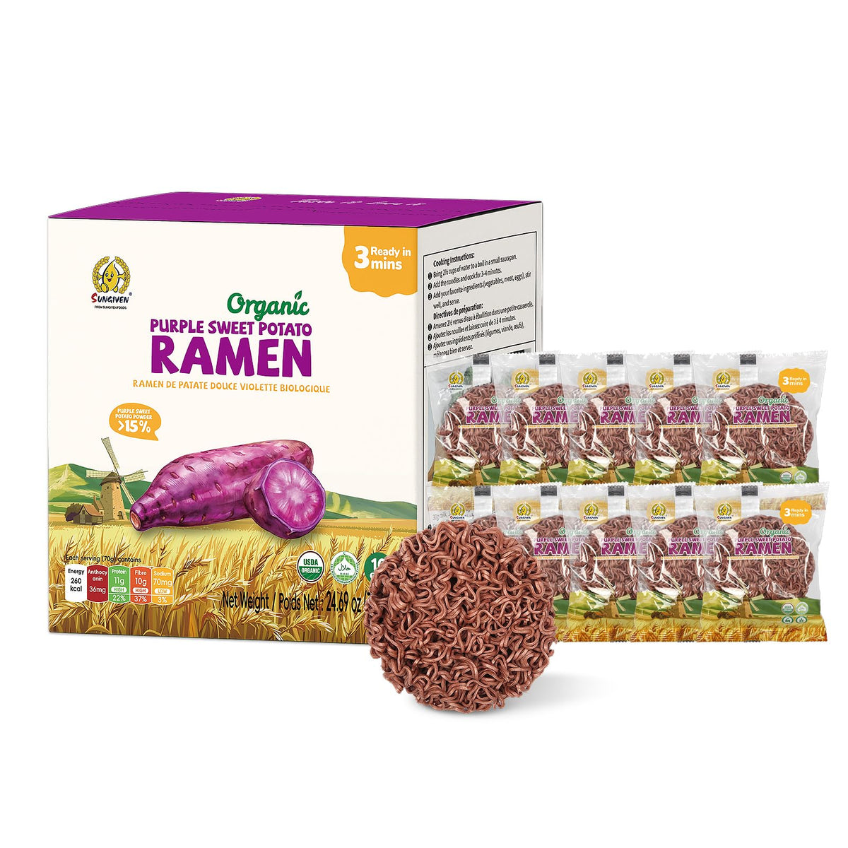 SUNGIVEN Organic Purple Sweet Potato ramen noodles pack of 10 with premium ingredients.