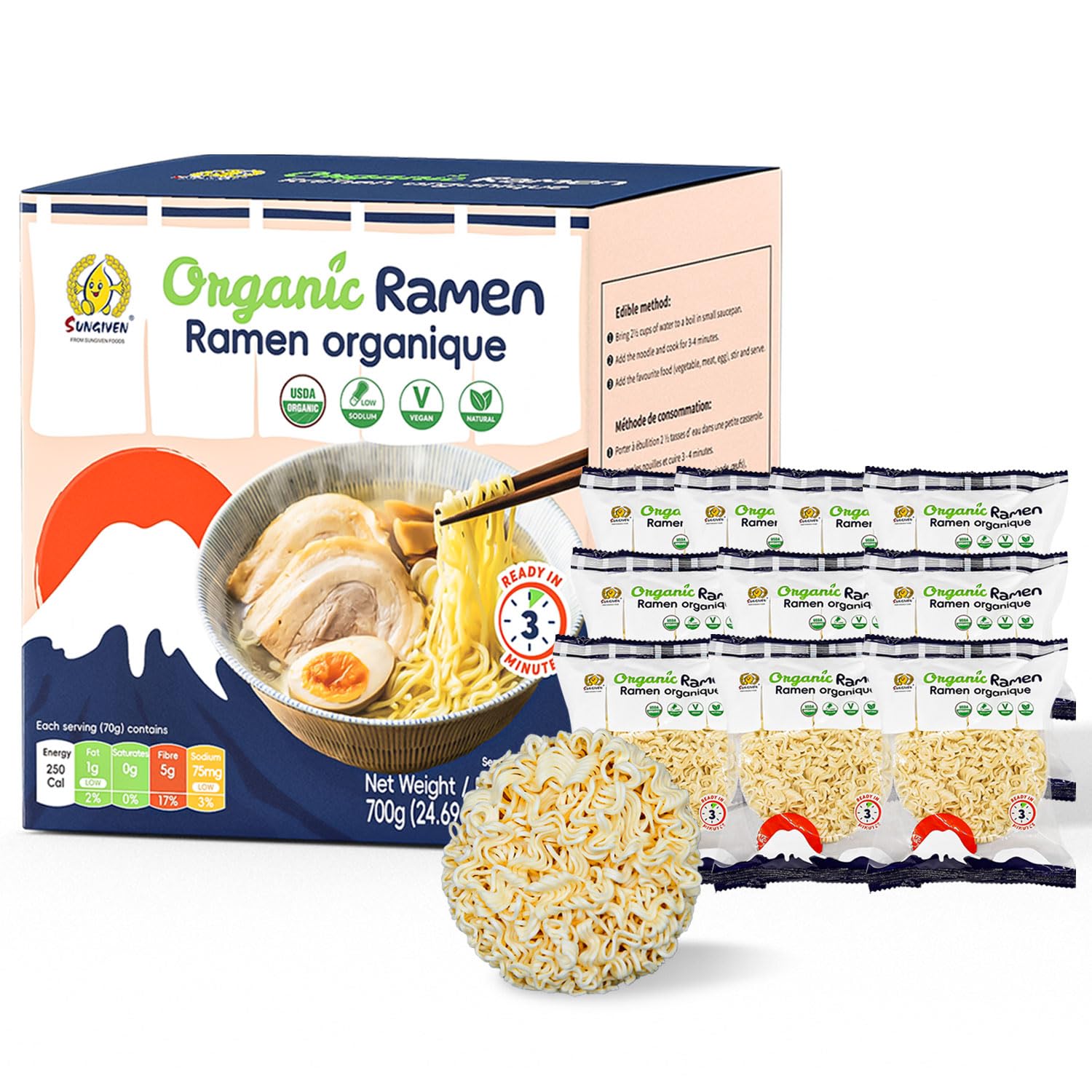 SUNGIVEN Organic Ramen Noodles pack highlights premium ingredients for quick meals.