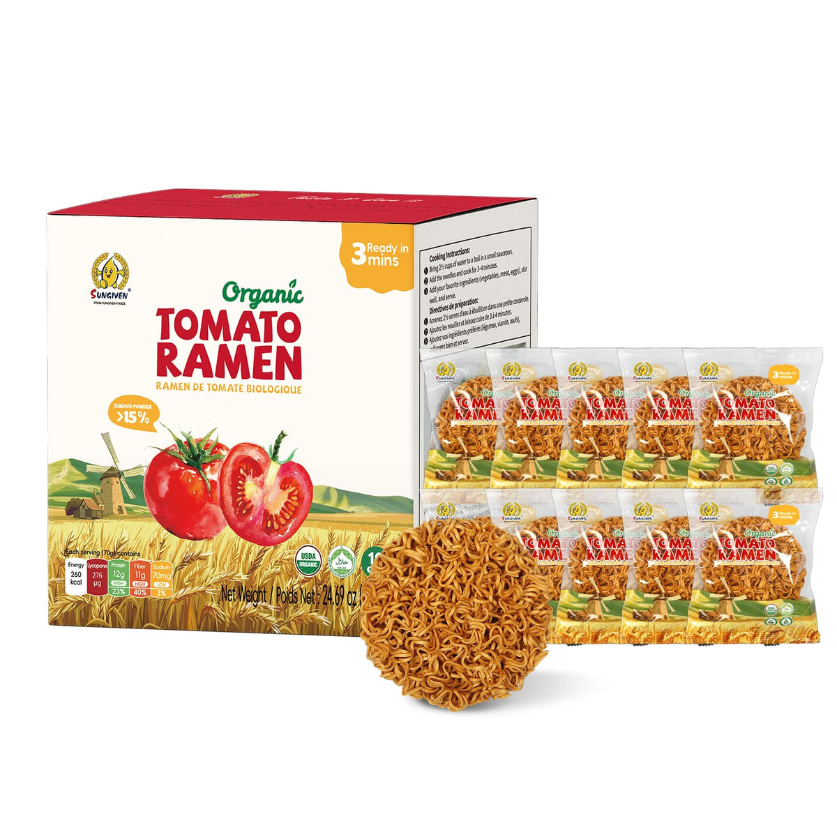 SUNgiven Organic Ramen Noodles Tomato pack front displays low-sodium quick-meal option.