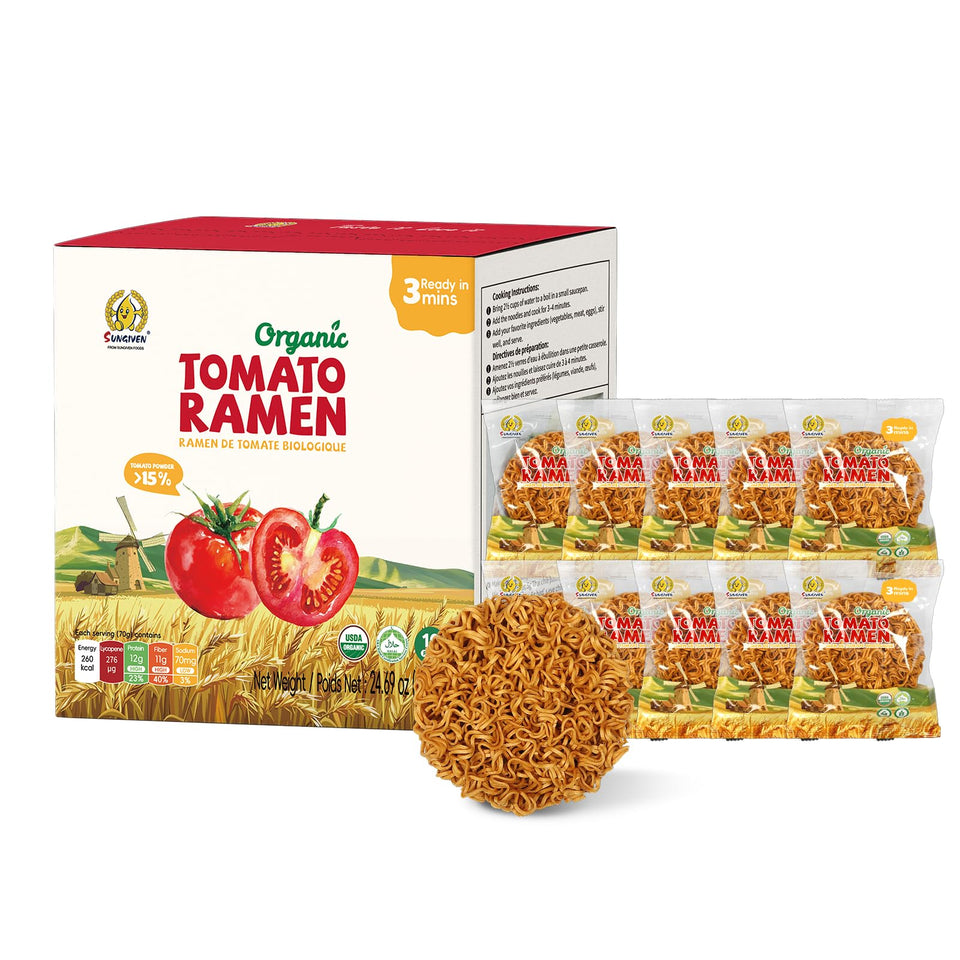 SUNgiven Organic Ramen Noodles Tomato pack front displays low-sodium quick-meal option.