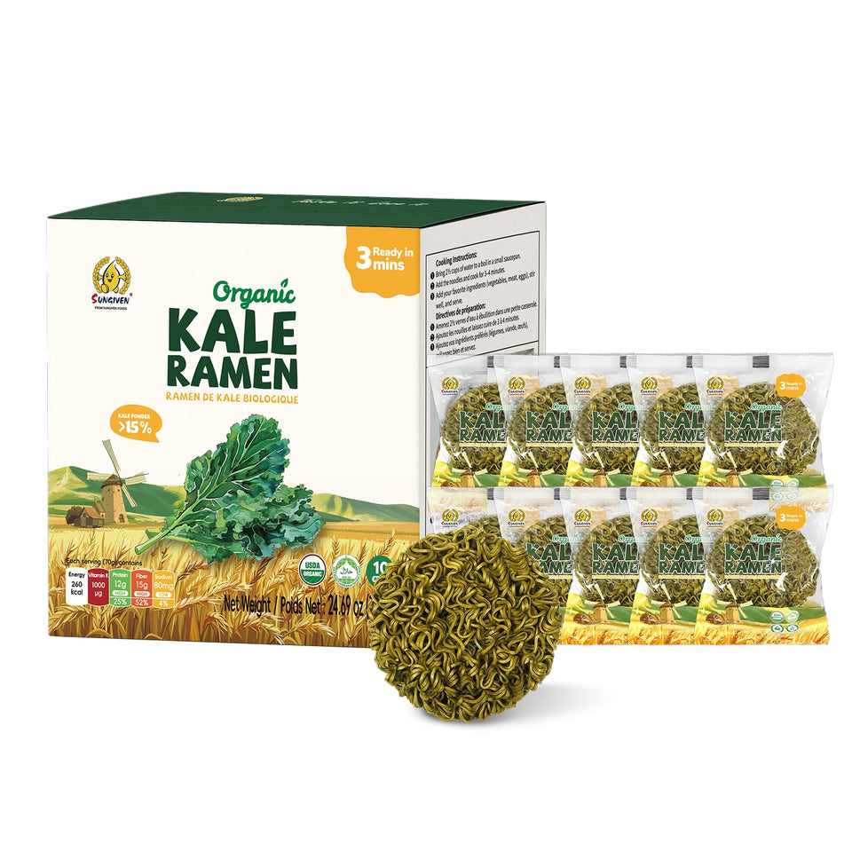 SUNGIVEN Organic Ramen packaging with kale highlighting clean ingredients.