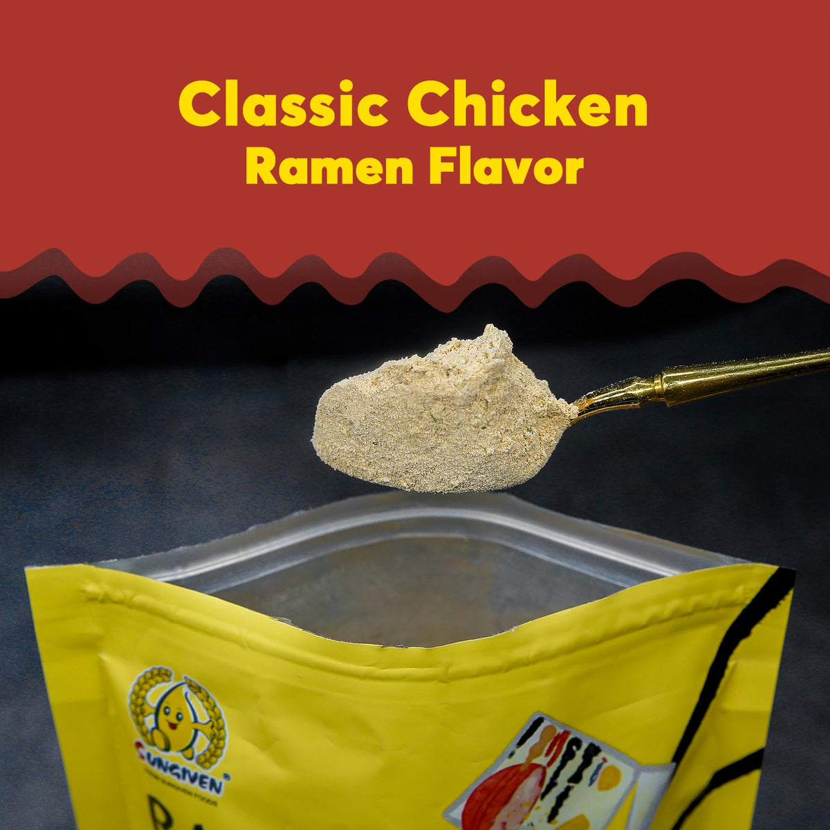 SUNGIVEN ramen seasoning atop noodles in a steaming bowl with clear packaging.