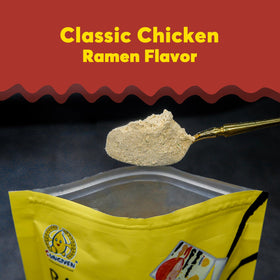 SUNGIVEN ramen seasoning atop noodles in a steaming bowl with clear packaging.