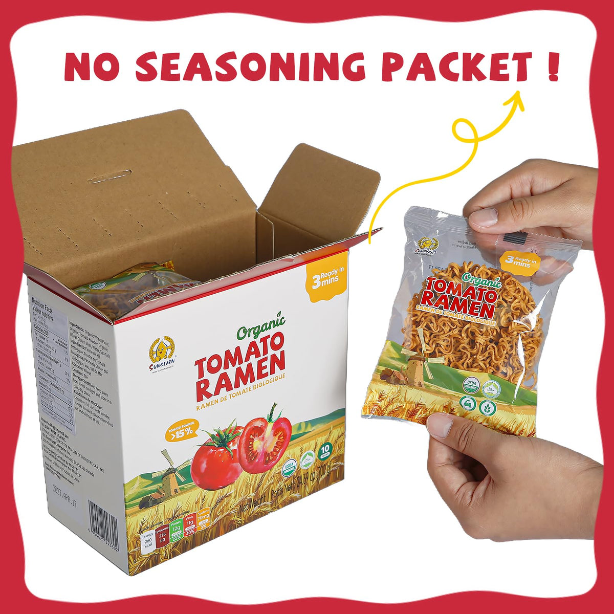 SUNGIVEN ramen tomato uncooked pack on counter with clean label.