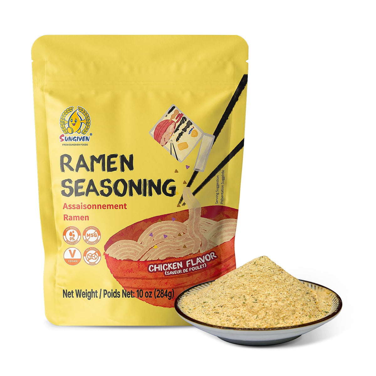 SUNGIVEN vegan chicken ramen seasoning powder in resealable pouch for easy storage and flavor boost.