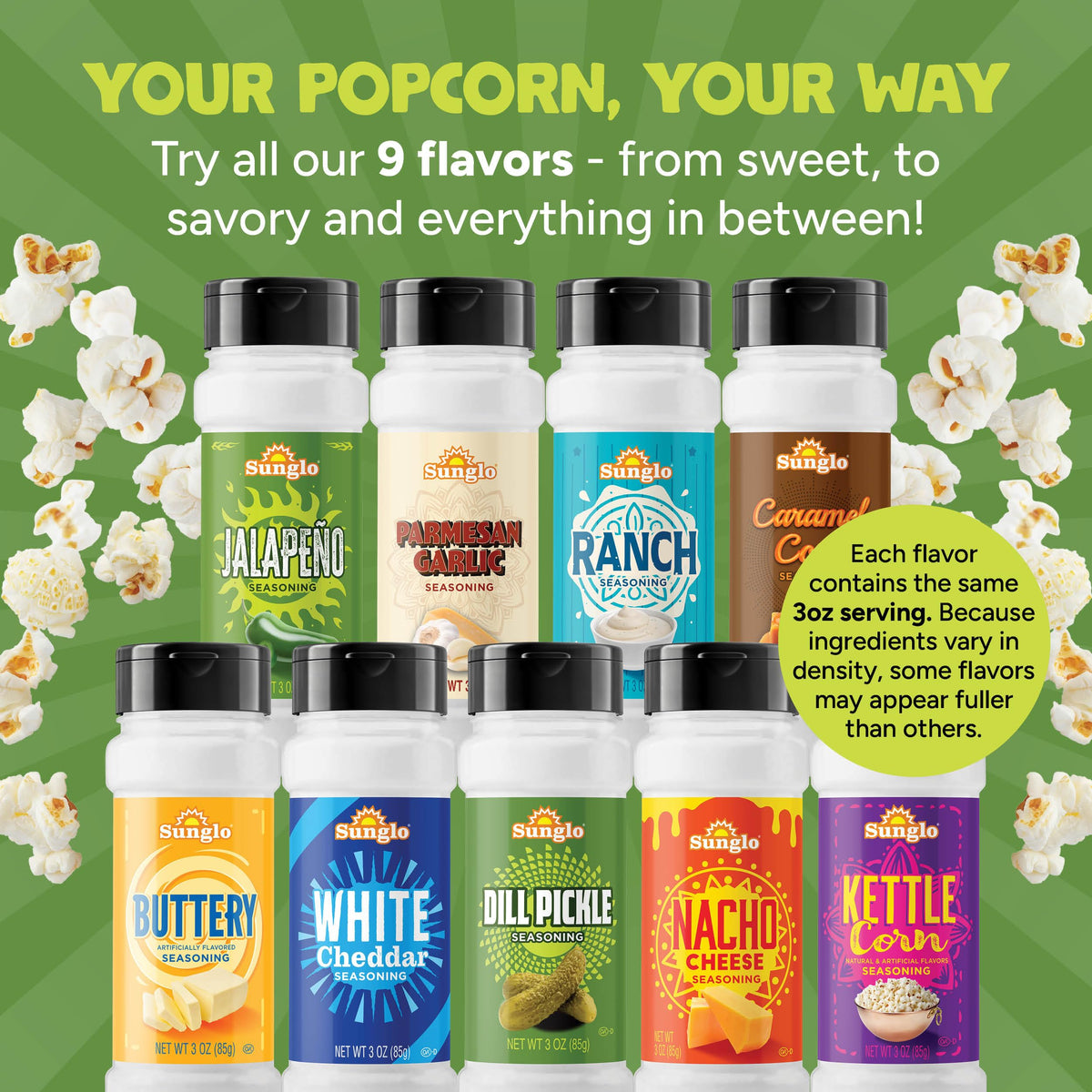 Sunglo popcorn seasoning on a bowl enhances movie-night popcorn.