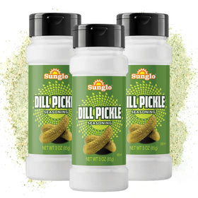 Sunglo dill pickle seasoning bottle adds tangy flavor with quick, even coverage for snacks.