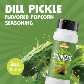Sunglo dill pickle seasoning shaker pour enables fast flavoring on warm popcorn.