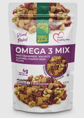Sunhill Naturals Omega-3 Deluxe Mix bag closeup showing unsalted ingredients for on-the-go snacking