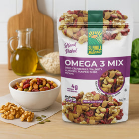 Sunhill Naturals Omega-3 Deluxe Mix ingredients spread of nuts seeds and cranberries