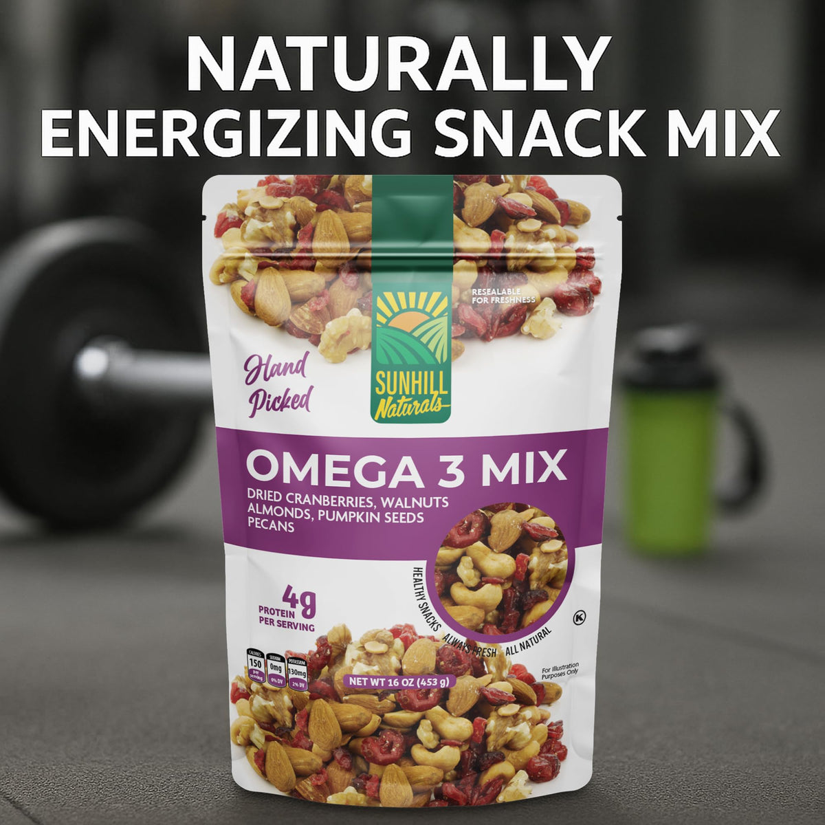 Sunhill Naturals Omega-3 Deluxe Mix on desk ready for quick protein-rich snacking
