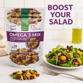 Sunhill Naturals Omega-3 Deluxe Mix being poured from resealable bag for easy snacking