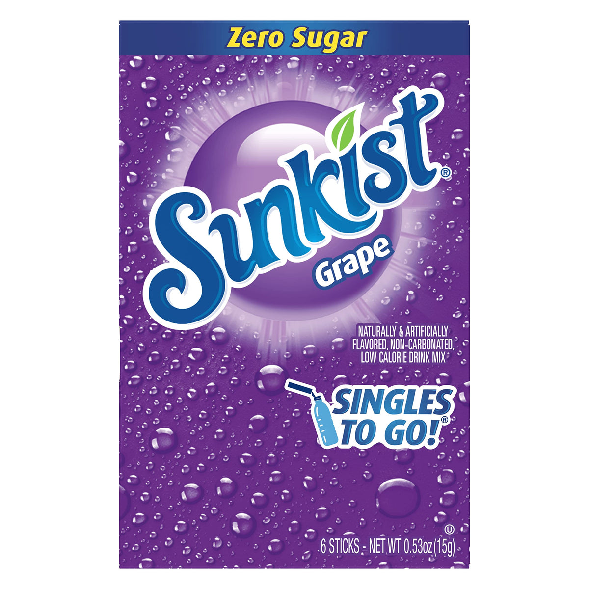 Sunkist Singles-To-Go Grape box open, six sticks visible for quick use.