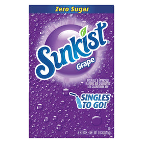 Sunkist Singles-To-Go Grape box open, six sticks visible for quick use.