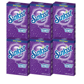 Sunkist Singles-To-Go Grape box shows six-pack packaging for on-the-go hydration.