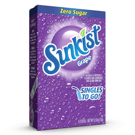 Close-up of Sunkist Soda Singles To Go packets delivering sugar-free grape flavor.