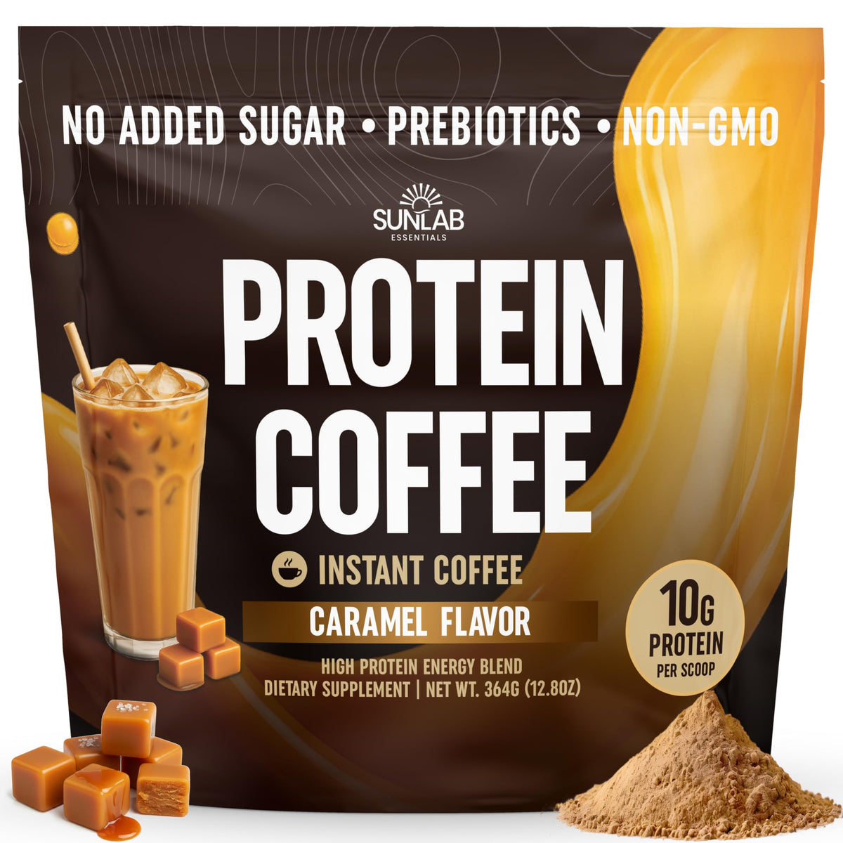 SunLab Essentials Caramel Protein Coffee bottle for quick energy on the go