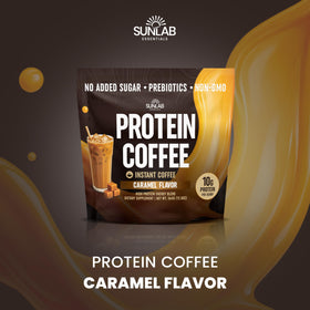 SunLab Essentials caramel protein coffee cup ready to drink, smooth flavor