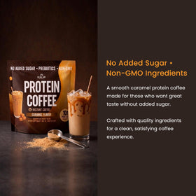 SunLab Essentials caramel protein coffee with ice for a refreshing shake