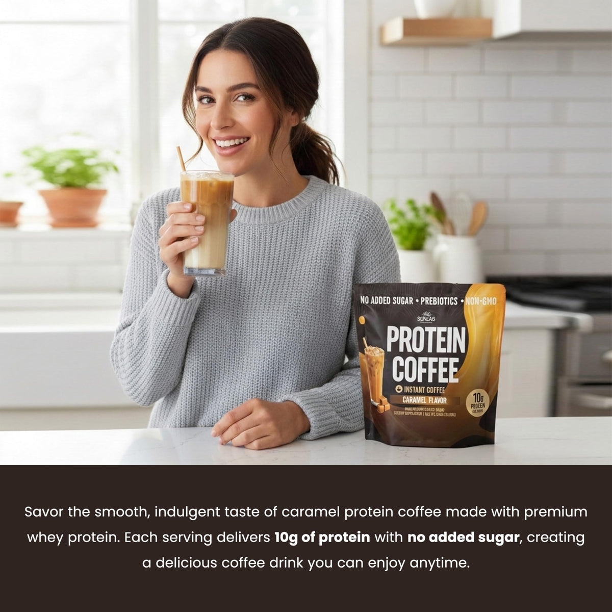 SunLab Essentials caramel protein coffee ingredients laid out for balance
