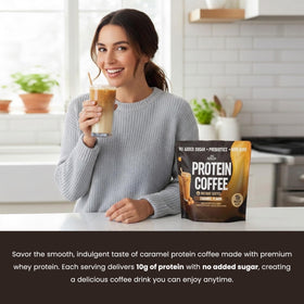 SunLab Essentials caramel protein coffee ingredients laid out for balance
