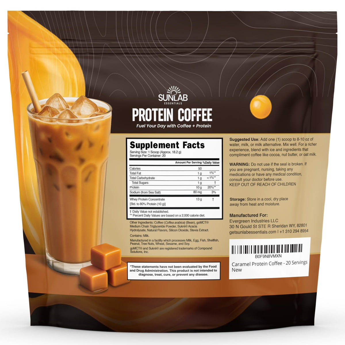 SunLab Essentials caramel protein coffee scoop in tub for easy serving