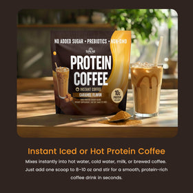 SunLab Essentials caramel protein coffee tub packaging, USA-made and non-GMO