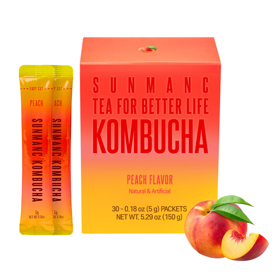 SUNMANC Peach Kombucha 30 Packets front view for on-the-go refreshment.