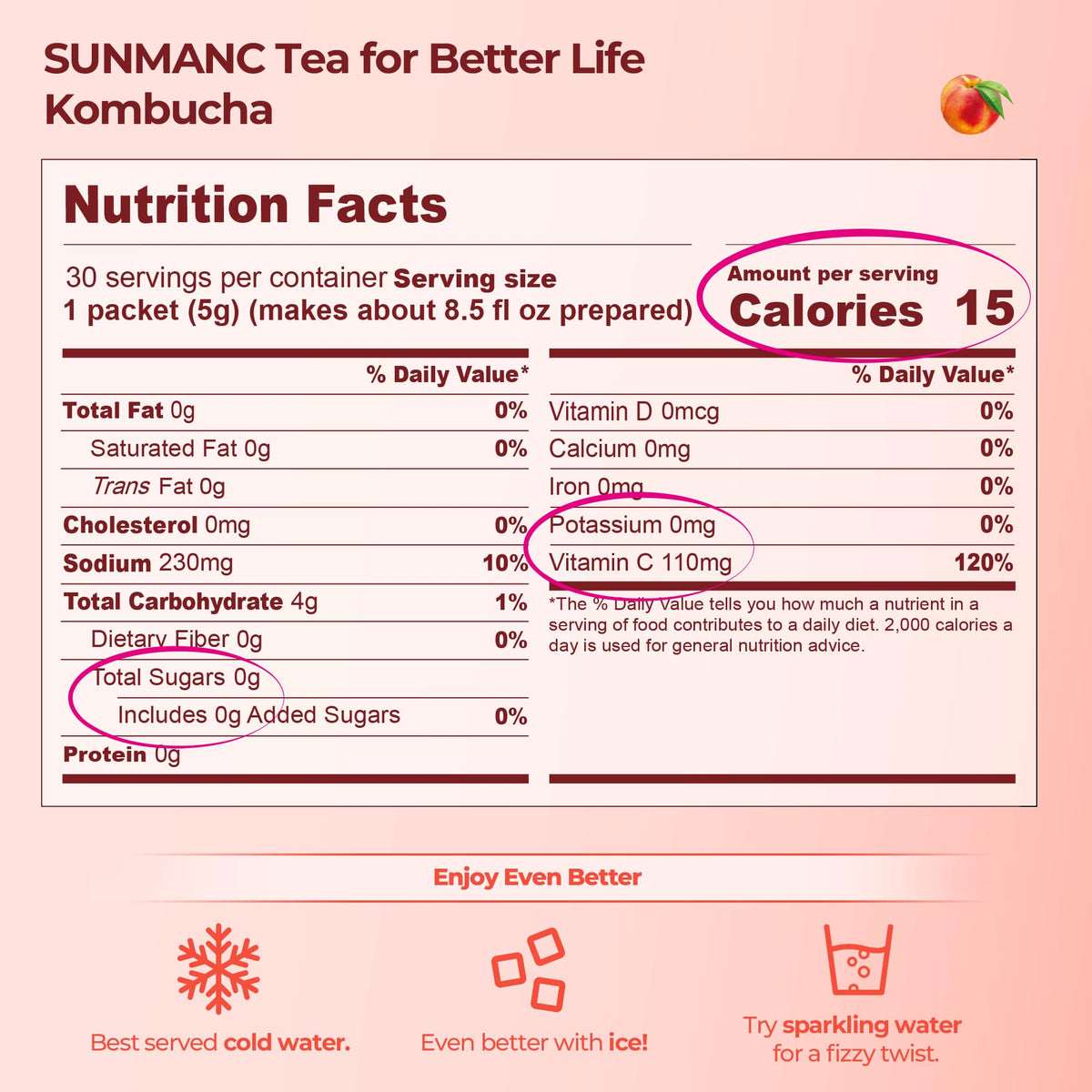 SUNMANC Peach Kombucha packaging shot highlights convenient travel-friendly sticks.