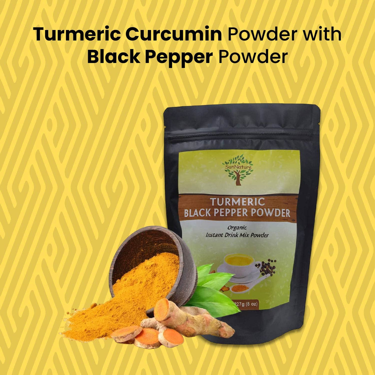 SunNature packaging shows 227g organic turmeric with black pepper.