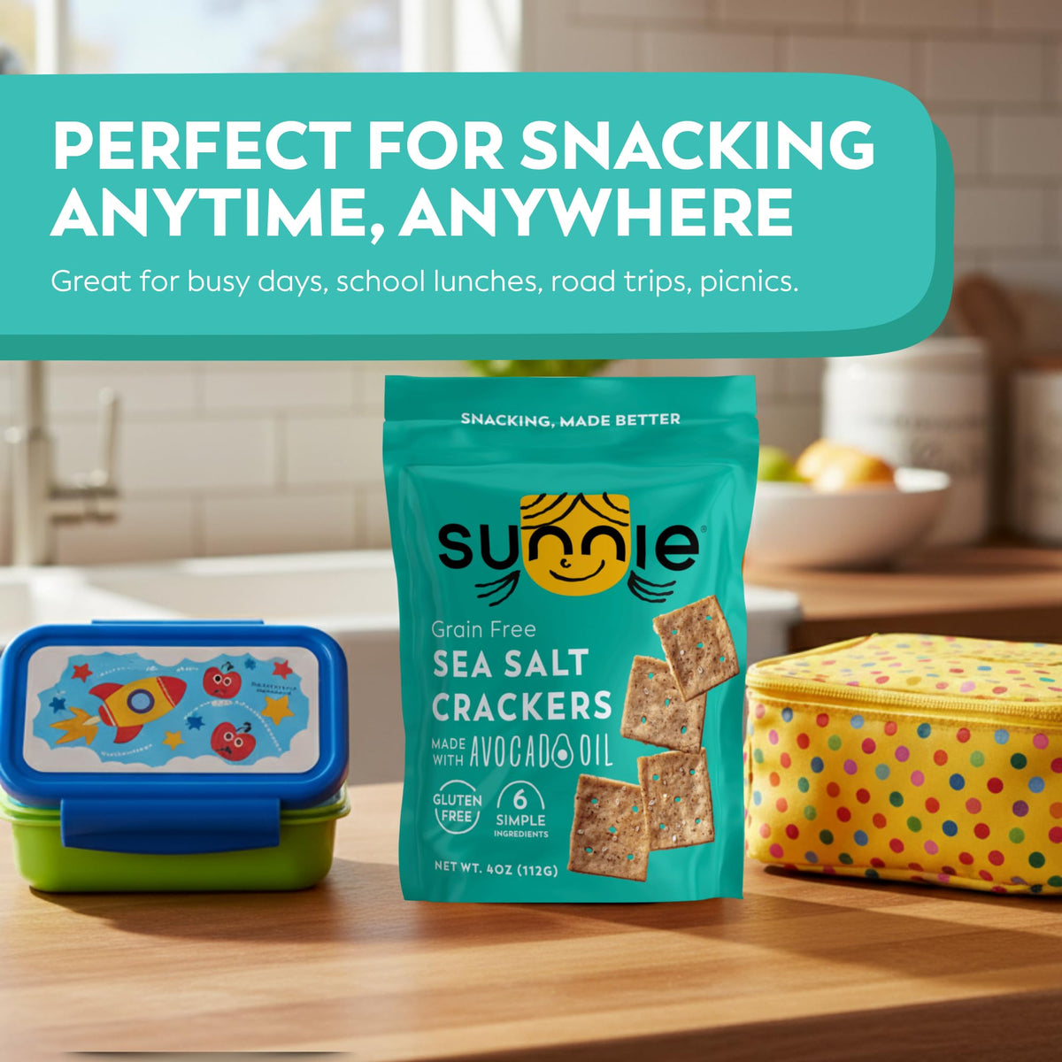 Sunnie cracker texture close-up, baked crisp for satisfying crunch.